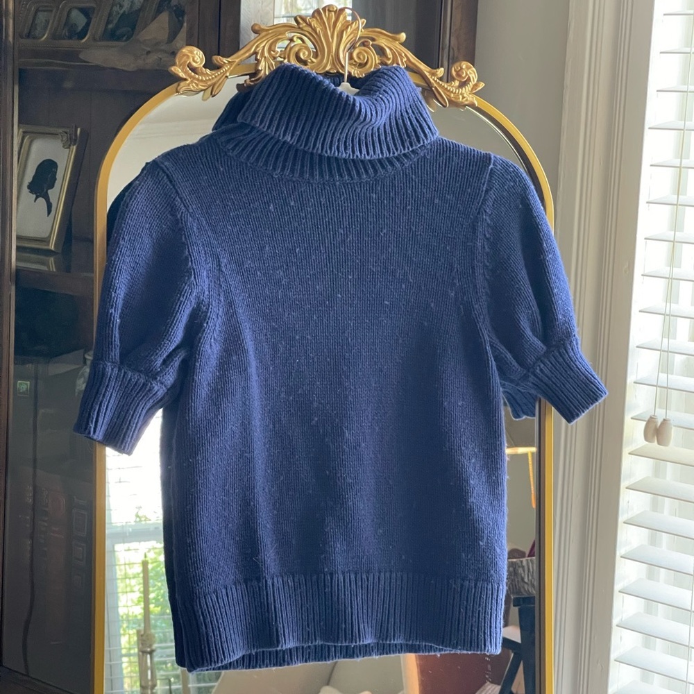 Adam Lippes x RTR Organic Cotton Wool Blend Navy Puff-Sleeve Turtleneck Sweater